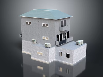 Two Story Gray House Building With Light Blue Roof Multiple Windows And Brick Base 3d model