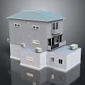 Two Story Gray House Building With Light Blue Roof Multiple Windows And Brick Base