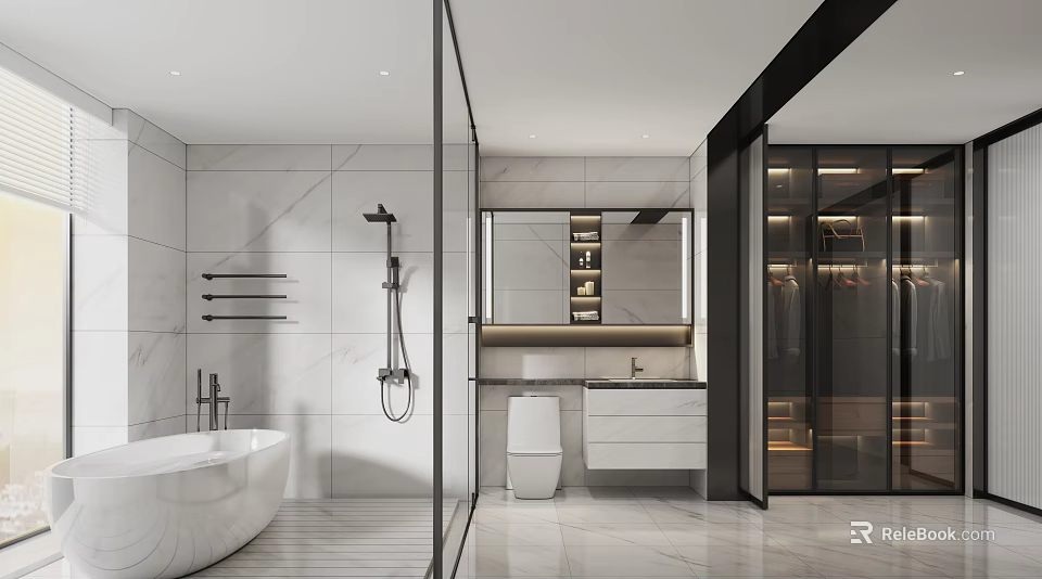 Modern Bathroom With Marble Walls Tub Shower Smart Toilet And Vanity 3d model 