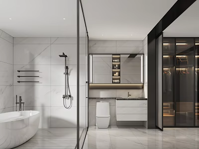 Modern Bathroom With Marble Walls Tub Shower Smart Toilet And Vanity 3d model