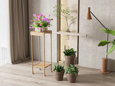 Indoor Bonsai and Potted Plants with Golden Shelf Brown Planters Succulents and Colorful Flowers 3d model