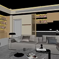 Modern Open Living Room Kitchen Interior With Sofa Bookshelves Marble Countertop And Natural Light