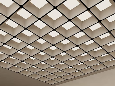 Modern Interior Ceiling Design With Geometric Square Panels And Recessed Lighting 3d model