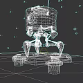 Red Robot With Green Eye Mechanical Legs On Yellow Striped Platform Surrounded By Floating Particles