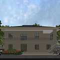 Two Story Detached Villa Exterior With Front Garden Trees And Parked Cars