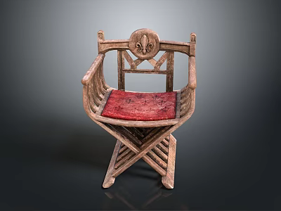 Wooden Carved Chair With Decorative Backrest Red Cushion And Crossed Legs 3d model
