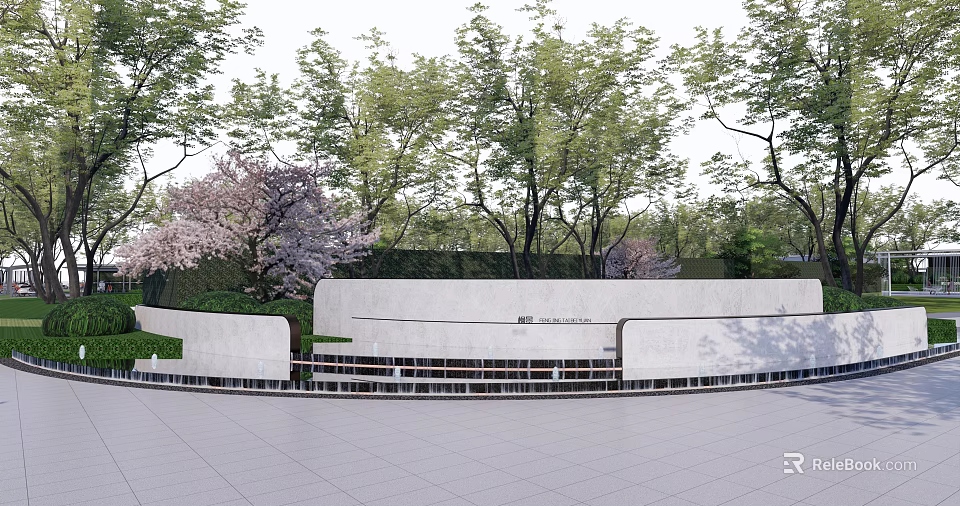Modern Landscape Wall Surrounded By Cherry Blossom Trees And Green Grass 3d model 