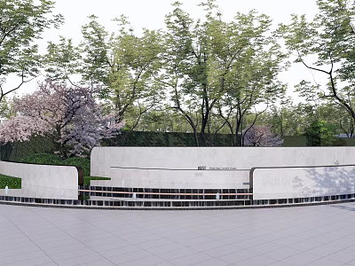 Modern Landscape Wall Surrounded By Cherry Blossom Trees And Green Grass 3d model