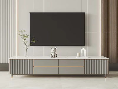 Modern TV Stand With Marble Top Decorations And Large Screen TV In Light Room 3d model