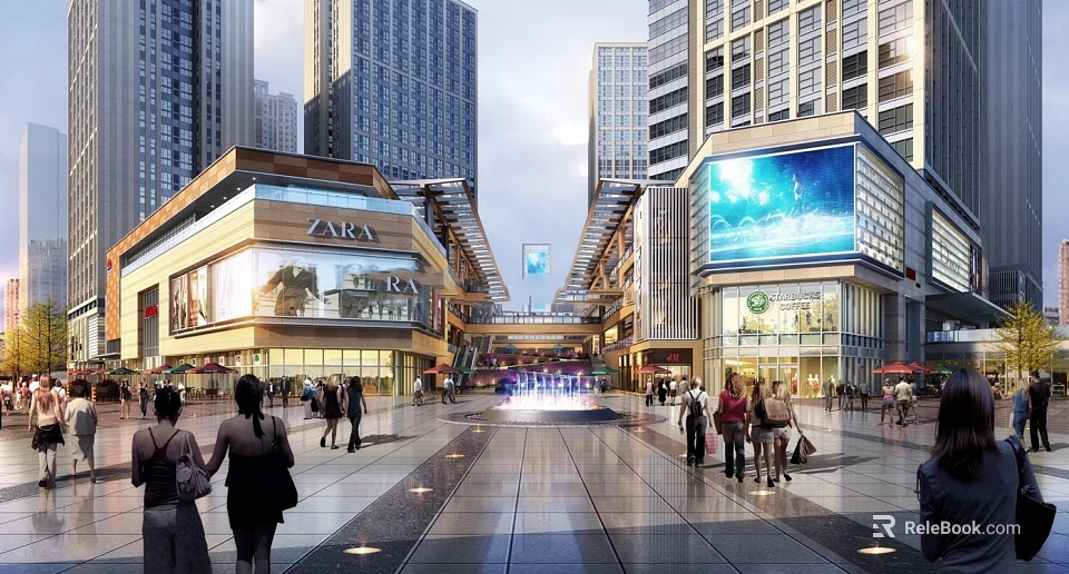 Modern Commercial Plaza With High Rise Buildings LED Screen Fountain Shops And Pedestrians 3d model 
