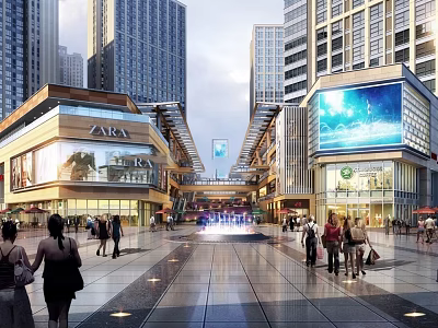 Modern Commercial Plaza With High Rise Buildings LED Screen Fountain Shops And Pedestrians 3d model