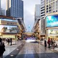 Modern Commercial Plaza With High Rise Buildings LED Screen Fountain Shops And Pedestrians