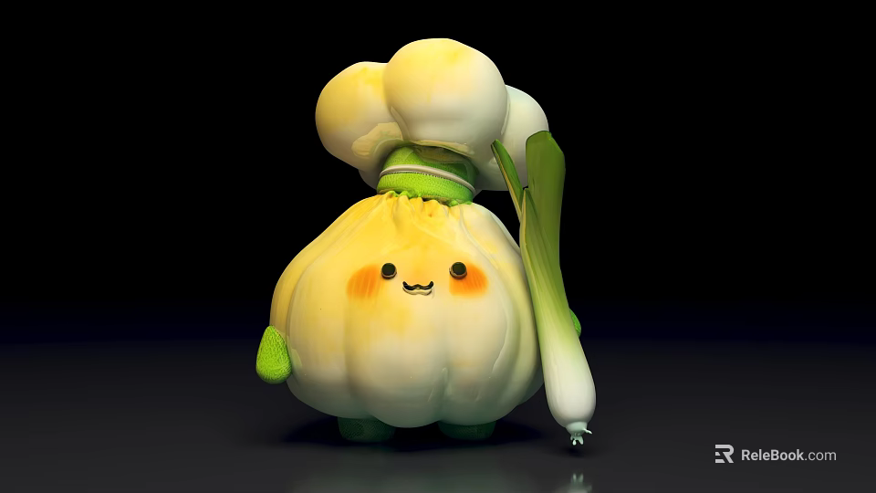 Cute Cartoon Garlic Character With Smiling Face And Green Onion Side Decoration 3d model 