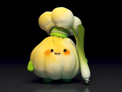 Cute Cartoon Garlic Character With Smiling Face And Green Onion Side Decoration 3d model