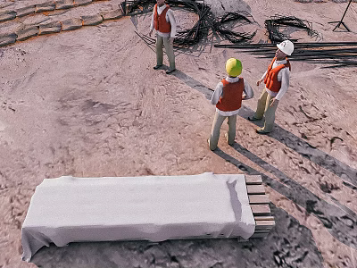 Cartoon Construction Site Scene With Workers in Safety Gear and Covered Object and Steel Cables 3d model