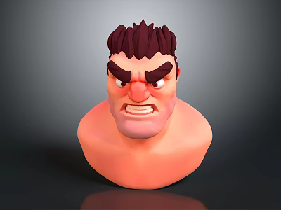 3D Fictional Character Bust Featuring Angry Expression Spiky Hair And Thick Eyebrows 3d model