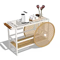 White Rolling Cart With Rattan Design Coffee Maker Cups And Pink Flowers
