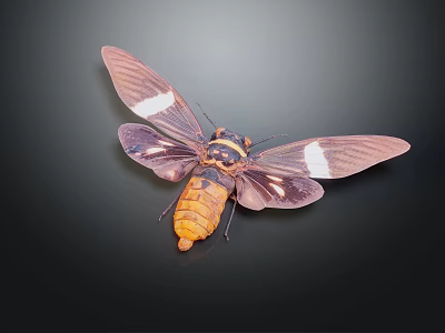 Purple Winged Cicada With Spread Wings White Spots And Orange Body Against Dark Background 3d model