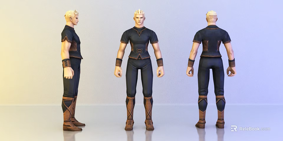 Blonde Haired Game Movie Character In Black Outfit With Brown Boots And Wrist Guards 3d model 