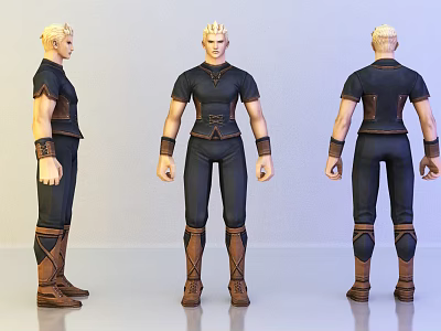 Blonde Haired Game Movie Character In Black Outfit With Brown Boots And Wrist Guards 3d model