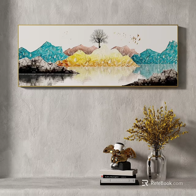 Scenic Mountain Tree Water Reflection Painting With Decorative Vase And Wall Decor 3d model 