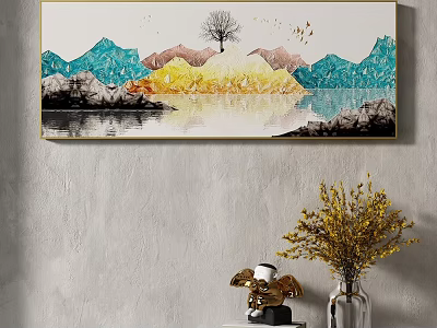 Scenic Mountain Tree Water Reflection Painting With Decorative Vase And Wall Decor 3d model