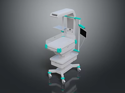 White And Teal Mobile Medical Cart With Display Screen And Shelves On Wheels 3d model