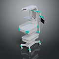 White And Teal Mobile Medical Cart With Display Screen And Shelves On Wheels