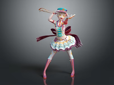 Anime Style Fantasy Character with Colorful Outfit Frilled Skirt and Ribbon Hat 3D Model Design 3d model
