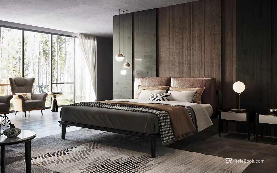 Modern Bedroom Interior Design With Large Bed Wooden Headboard Floor to Ceiling Windows And Area Rug 3d model 