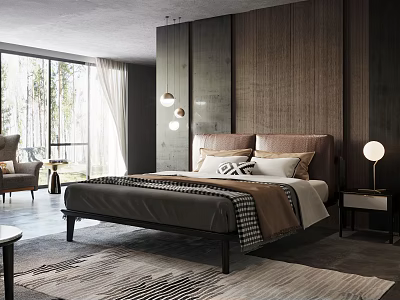 Modern Bedroom Interior Design With Large Bed Wooden Headboard Floor to Ceiling Windows And Area Rug 3d model