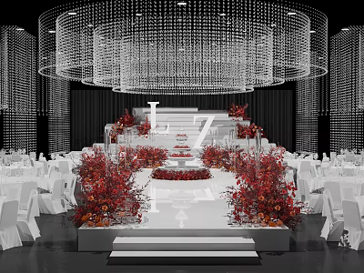 Elegant Banquet Hall With Crystal Chandelier Red Floral Decor Stage And White Tables 3d model