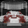 Elegant Banquet Hall With Crystal Chandelier Red Floral Decor Stage And White Tables