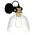 Black and Gold Wall Lamp with Transparent Glass Shade and Vintage Bulb