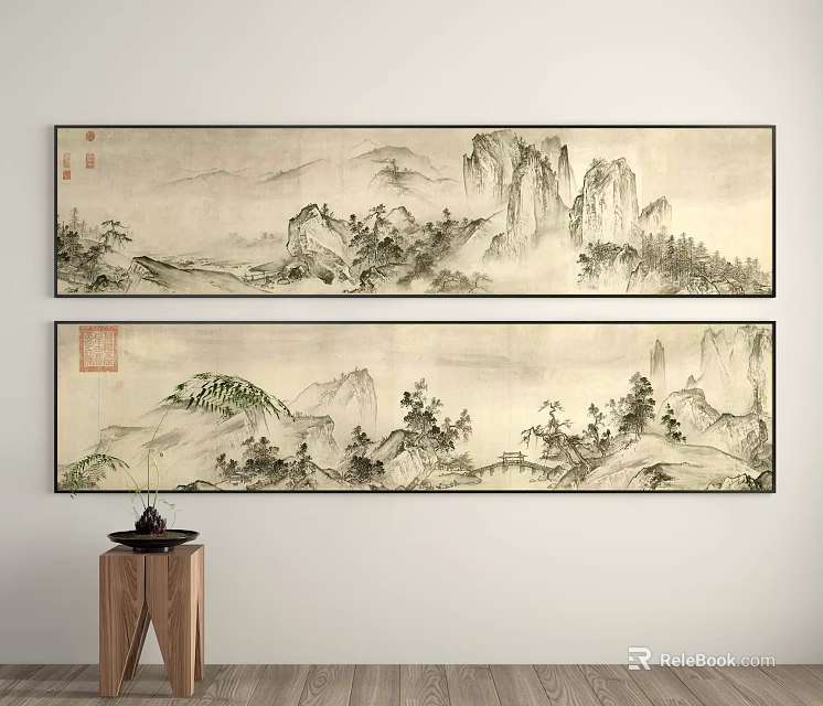Traditional Chinese Landscape Paintings Two Scrolls Hanging on Wall with Mountain Peaks and Trees 3d model 
