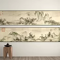 Traditional Chinese Landscape Paintings Two Scrolls Hanging on Wall with Mountain Peaks and Trees