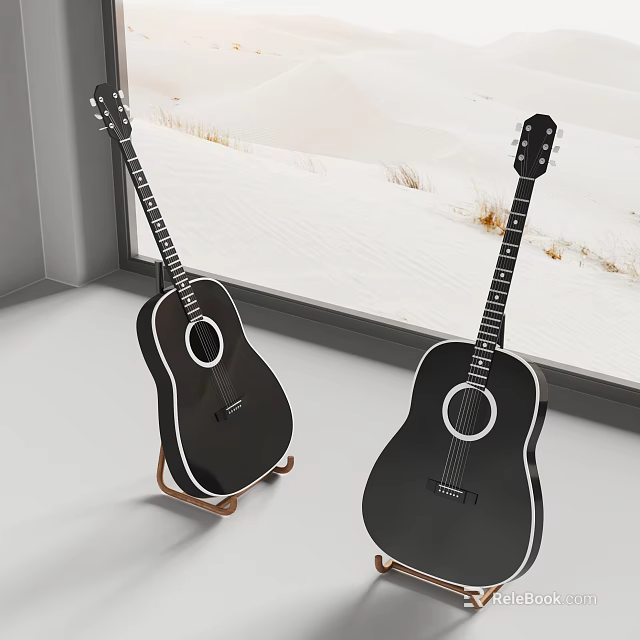Musical Instruments Two Black Guitars On Stands By Indoor Window With Snowy View 3d model 