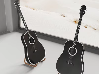 Musical Instruments Two Black Guitars On Stands By Indoor Window With Snowy View 3d model