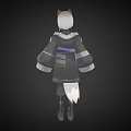 Anime Cat Eared Character With Silver Gray Hair Blue Eyes In Black Blue Kimono Outfit
