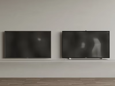 Modern Large Screen TVs Mounted Side by Side on Light Colored Wall with Wooden Floor 3d model