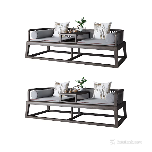 Chinese Style Luohan Bed With Wooden Frame Gray Cushions Throw Pillows And Tea Table 3d model 