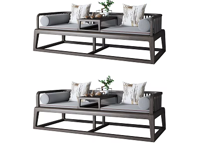 Chinese Style Luohan Bed With Wooden Frame Gray Cushions Throw Pillows And Tea Table 3d model