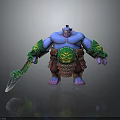 Towering Blue Skinned Warrior Creature With Green Ornamented Weapon Red Attire And Yellow Patterns