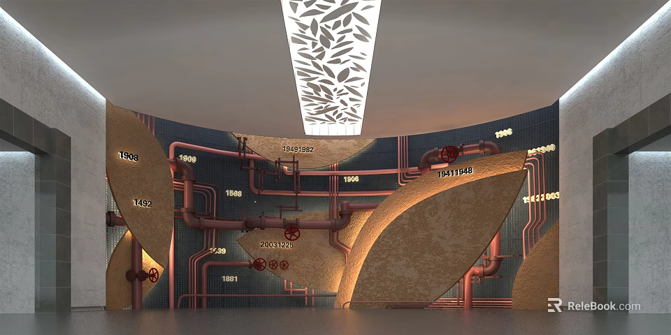 Industrial Style Background Wall With Curved Design Pipes And Historical Dates 3d model 