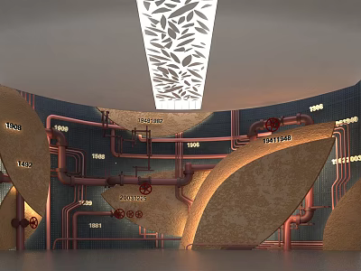 Industrial Style Background Wall With Curved Design Pipes And Historical Dates 3d model