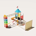 Kindergarten Playground with Colorful Tower Slide and Climbing Net Structure 3d model
