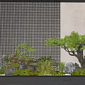 Garden Decor Display With Rockery Green Plants Tree And Grid Wall Background 3d model