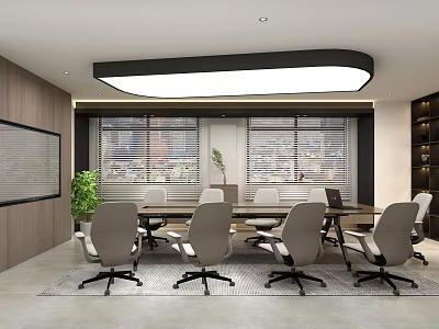 Modern Conference Room With Ergonomic Chairs Wooden Table Large Windows Ceiling Light And Indoor Plants 3d model
