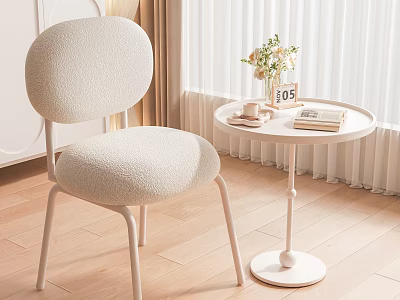 Modern Cozy Table And Chair Set With Upholstered Seat Metal Legs Round Table Vase Flowers 3d model