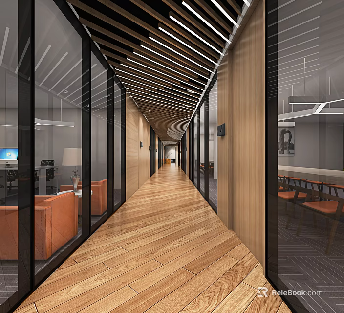 Modern Elevator Hallway With Wooden Flooring Glass Partitions And Office Lighting 3d model 